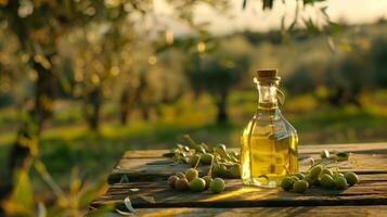 une verre bouteille de olive pétrole sur le en bois table dans le olive verger photo