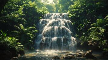 une cascade entouré par une dense jungle avec luxuriant verdure et rochers photo