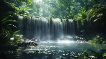 une cascade entouré par une dense jungle avec luxuriant verdure et rochers photo