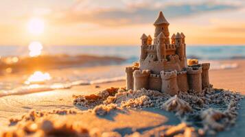 une le sable Château est construit sur le plage avec le Soleil brillant sur il photo