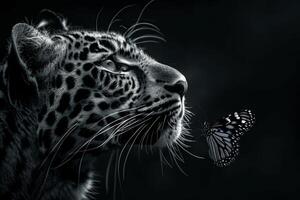 portrait de jaguar dans noir et blanc avec papillon. préservation et faune concept. photo