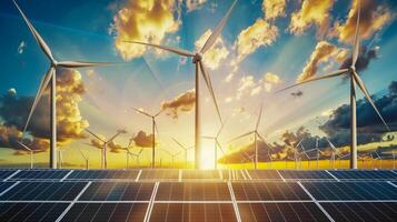 solaire cultiver, solaire cellules panneaux et vent turbines pour électricité alternative renouvelable énergie. photo