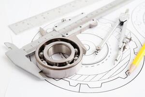 ingénierie et précision outils avec métal Balle béring, mécanique industriel. photo