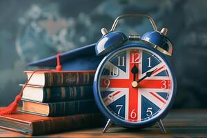 Anglais livre et l'horloge avec diplômé chapeau, apprentissage et Didacticiel pour étranger. photo