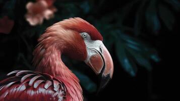 élégant rose flamant profil au milieu de verdoyant tropical feuillage photo