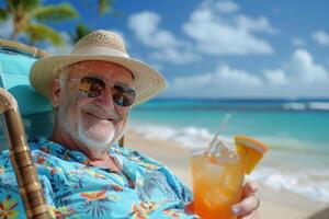 une homme est séance sur une plage chaise avec une boisson dans le sien main photo