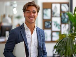 une Jeune homme dans une costume et attacher est souriant et en portant une carnet photo