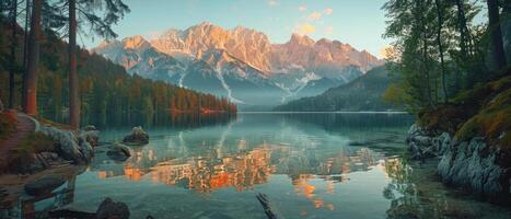 une magnifique Montagne intervalle avec une Lac dans le premier plan photo