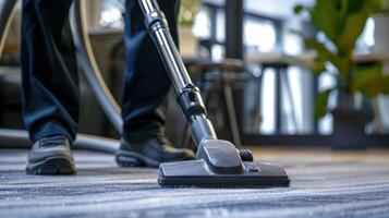 une la personne est passe l'aspirateur une tapis photo