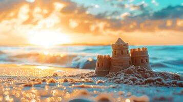une le sable Château est construit sur le plage avec le Soleil brillant sur il photo