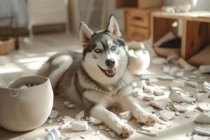 sibérien rauque, cassé vase fragments de porcelaine autour le chien dans une moderne maison vivant pièce zone photo