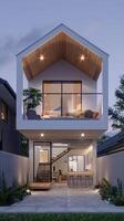 une moderne maison avec une grand balcon et une petit jardin photo