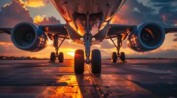 une grand jet est sur le piste avec le Soleil réglage dans le Contexte photo