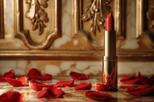 une rouge rouge à lèvres est sur une table avec rouge Rose pétales photo