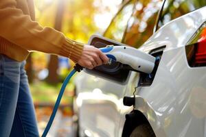 une femme est mise en charge sa électrique voiture photo