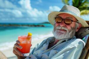 une homme est séance sur une plage chaise avec une boisson dans le sien main photo