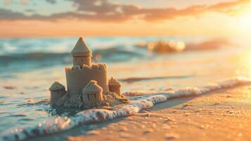 une le sable Château est construit sur le plage avec le Soleil brillant sur il photo