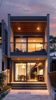 une moderne maison avec une grand balcon et une petit jardin photo
