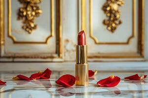 une rouge rouge à lèvres est mis sur une table avec rouge Rose pétales photo