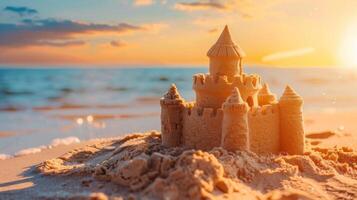 une le sable Château est construit sur le plage avec le Soleil brillant sur il photo