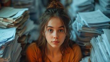 Jeune femme avec désordonné cheveux et intense regard, entouré par imposant piles de formalités administratives dans une encombré bureau, exprimer stress et submerger. parfait pour thèmes de lieu de travail pression et anxiété. photo