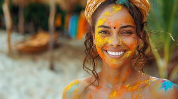 vibrant Holi couleurs orner une joyeux femme affronter, sa radiant sourire capturer le de fête esprit, contre une ensoleillé plage toile de fond. photo