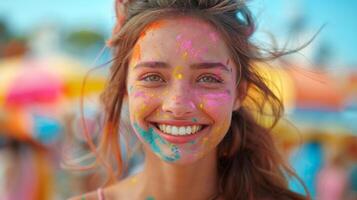 une Jeune femme joyeux expression, sa visage ludique orné avec vibrant Holi couleurs, incarne le esprit et fête de le festival. photo