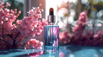 élégant sérum compte-gouttes bouteille sur une réfléchissant surface avec rose Cerise fleurs dans le arrière-plan, encapsulant printemps soin de la peau luxe. photo