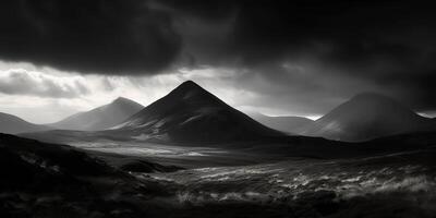 incroyable noir et blanc la photographie de magnifique montagnes et collines avec foncé ciels paysage Contexte vue scène photo