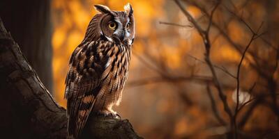 hibou oiseau séance sur une banch arbre. wil la vie la nature Extérieur forêt Contexte paysage scène photo