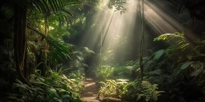 tropical pluie jungle Profond forêt avec bébé rayon lumière brillant. la nature Extérieur aventure vibe scène Contexte vue photo