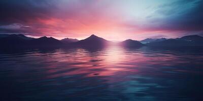 la nature Extérieur le coucher du soleil plus de Lac mer avec montagnes collines paysage contexte, rose brouiller en dehors de concentrer vue photo