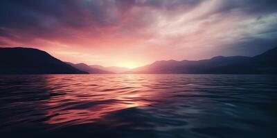 la nature Extérieur le coucher du soleil plus de Lac mer avec montagnes collines paysage contexte, rose brouiller en dehors de concentrer vue photo