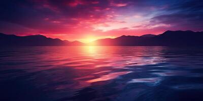 la nature Extérieur le coucher du soleil plus de Lac mer avec montagnes collines paysage contexte, rose brouiller en dehors de concentrer vue photo