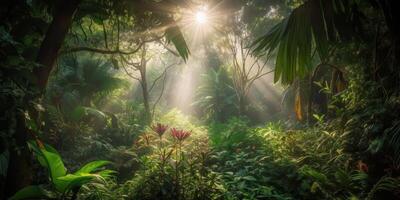 tropical pluie jungle Profond forêt avec bébé rayon lumière brillant. la nature Extérieur aventure vibe scène Contexte vue photo