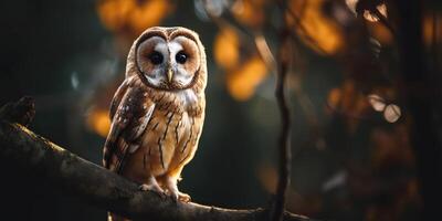 hibou oiseau séance sur une banch arbre. wil la vie la nature Extérieur forêt Contexte paysage scène photo