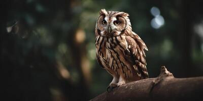 hibou oiseau séance sur une banch arbre. wil la vie la nature Extérieur forêt Contexte paysage scène photo