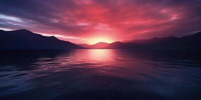 la nature Extérieur le coucher du soleil plus de Lac mer avec montagnes collines paysage contexte, rose brouiller en dehors de concentrer vue photo