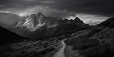 incroyable noir et blanc la photographie de magnifique montagnes et collines avec foncé ciels paysage Contexte vue scène photo