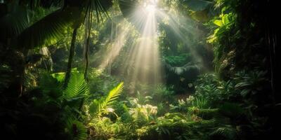 tropical pluie jungle Profond forêt avec bébé rayon lumière brillant. la nature Extérieur aventure vibe scène Contexte vue photo