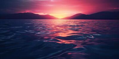 la nature Extérieur le coucher du soleil plus de Lac mer avec montagnes collines paysage contexte, rose brouiller en dehors de concentrer vue photo