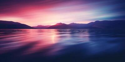 la nature Extérieur le coucher du soleil plus de Lac mer avec montagnes collines paysage contexte, rose brouiller en dehors de concentrer vue photo