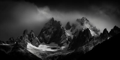 incroyable noir et blanc la photographie de magnifique montagnes et collines avec foncé ciels paysage Contexte vue scène photo