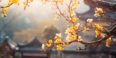 ancien asiatique Japonais chinois vieux ancien rétro ville ville bâtiment temple avec la nature arbre fleurs photo