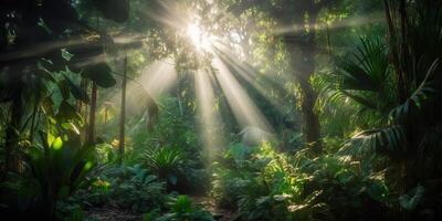 tropical pluie jungle Profond forêt avec bébé rayon lumière brillant. la nature Extérieur aventure vibe scène Contexte vue photo