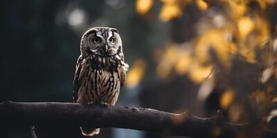 hibou oiseau séance sur une banch arbre. wil la vie la nature Extérieur forêt Contexte paysage scène photo