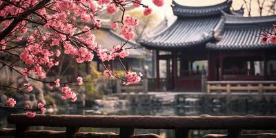 ancien asiatique Japonais chinois vieux ancien rétro ville ville bâtiment temple avec la nature arbre fleurs photo