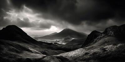 incroyable noir et blanc la photographie de magnifique montagnes et collines avec foncé ciels paysage Contexte vue scène photo