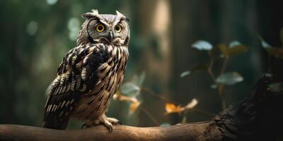 hibou oiseau séance sur une banch arbre. wil la vie la nature Extérieur forêt Contexte paysage scène photo