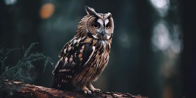 hibou oiseau séance sur une banch arbre. wil la vie la nature Extérieur forêt Contexte paysage scène photo